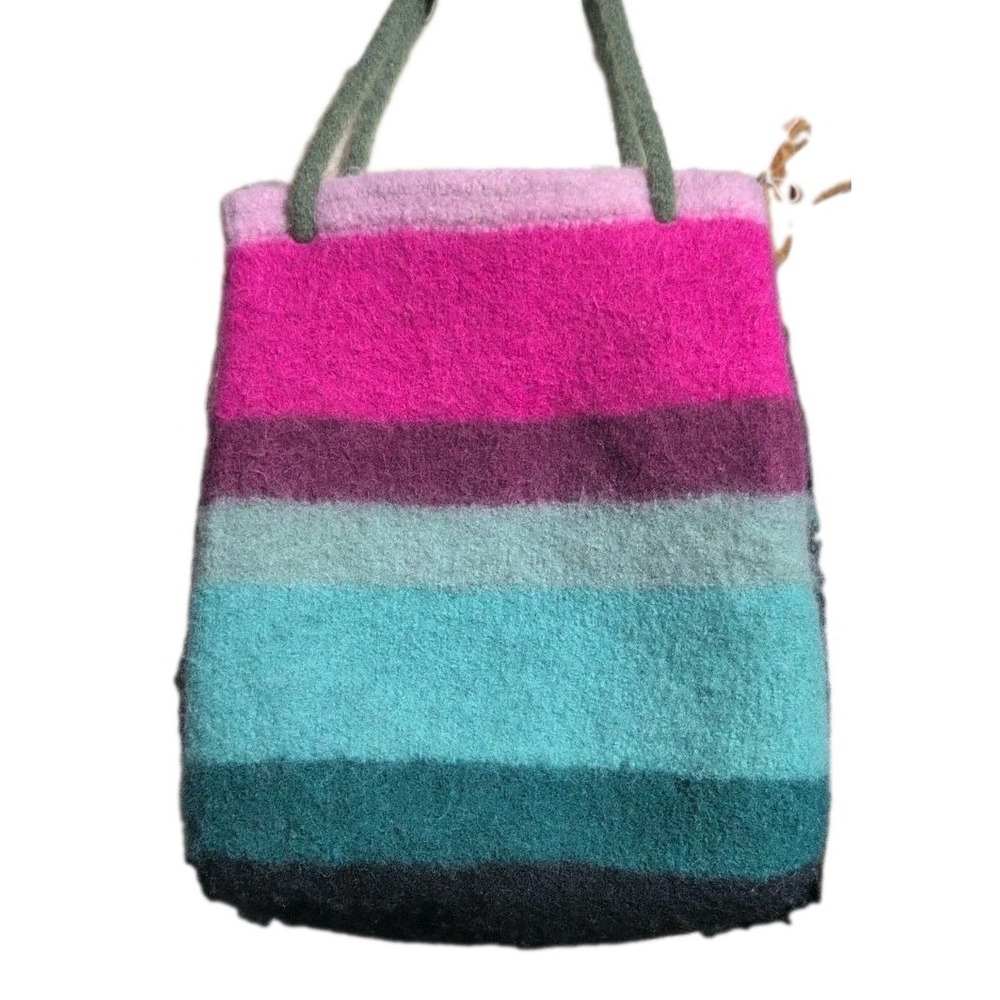 Hand Knit Artisanal Felted Wool Tote Bag Striped Boho